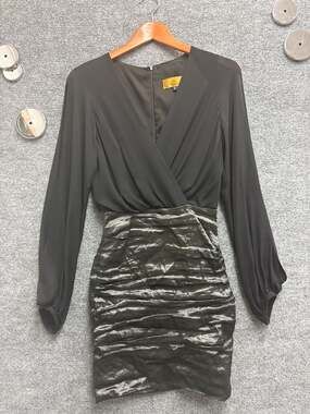 Nicole Miller Mixed Media V-Neck Ruched Metallic Skirt Long Sleeve Mini Dress